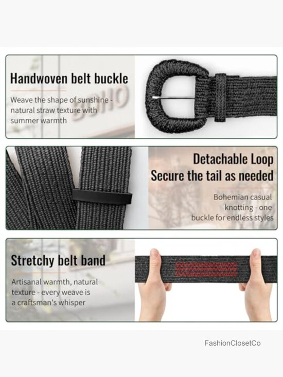 Straw Woven Elastic Belt, Boho Braided Raffia Waist Belt, Stretch Rattan Belt main image 5
